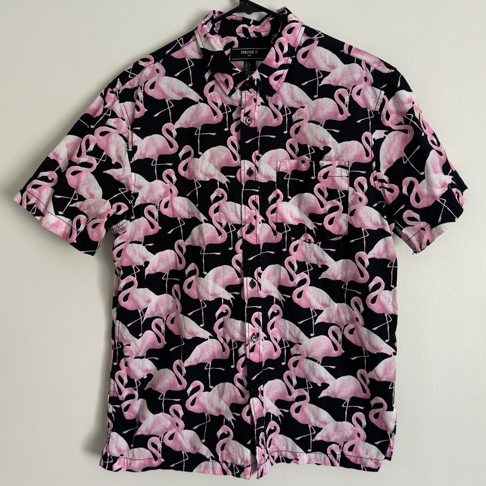 Forever 21 Pink and Black Flamingo Button Up Size L Made in India